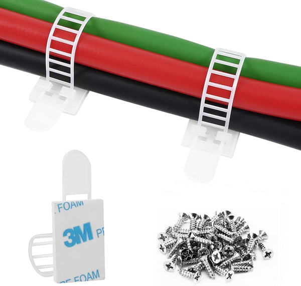 Adhesive Cable Management Clips, 50Pcs Adjustable Nylon Wire Clips with Strong Adhesive Tape & Extra Screw for Home
