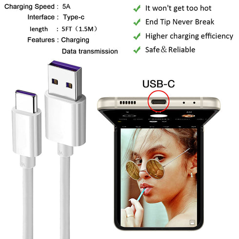 5FT USB C Charger Cable for New Samsung Galaxy Z Flip 5, Z Flip 4, Z Flip 3, Z Flip 2, Samsung Galaxy Z Fold 5, Fold 4, Fold 3, Fold 2 Samsung Galaxy Phone Car Power Charging Cord Accessories (White)