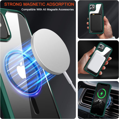 TENDLIN iPhone 11 Magnetic Case - Crystal Clear Hard Back, Soft Bumper, MagSafe Compatible, Protective (Green)