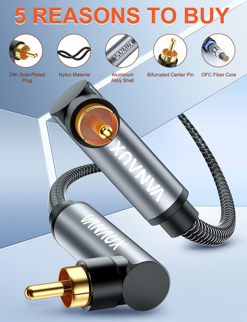VANAUX Double 90 Degree RCA Cable, Right Angle Subwoofer Cable, Digital Coaxial Audio Cord for Hi-Fi Systems, 6.6ft/2m