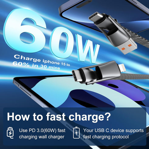 4 in 1 Multi Charging Cable, PD 60W Fast Charging USB C Multi Charger Cable, Zinc Alloy Flat Braided with Velcro Strap