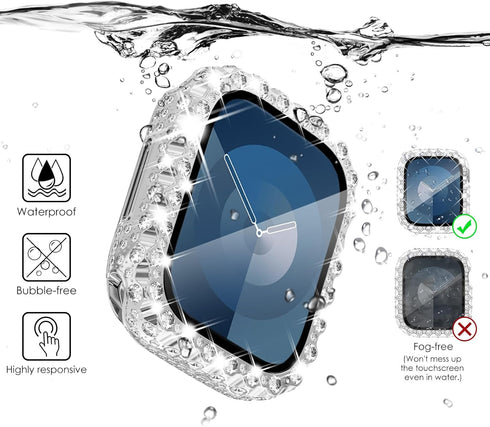 NewWays 2 in 1 Waterproof Bling Case 45mm for Apple Watch Screen Protector Series 9 8 7, Lace Full Glitter Diamond Rhinestone Bumper Face Cover for iWatch Women 45 mm, Silver