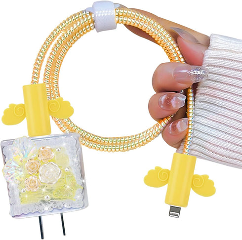 Glitter Cable Protector for iPhone Charger Adapter - Bling Cute Pearl Butterfly Flower Design, Yellow USB Case Cord