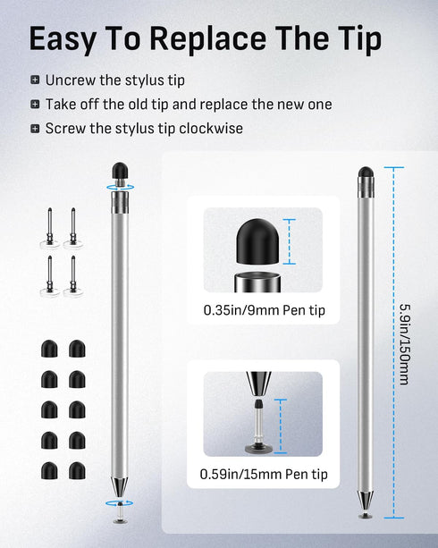 MYSTILUCK 10 4 2-in-1 Screen(5 Stylus with Rubber Nibs & Clear Tips, Stylus Pen for Touch Pcs), High Precision