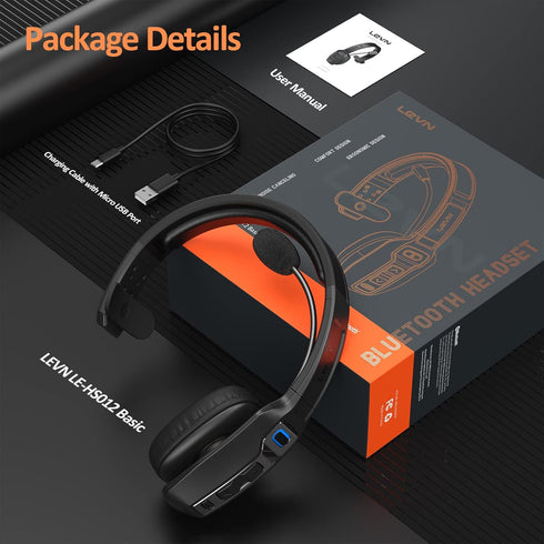 LEVN Bluetooth Headset with Microphone, AI Noise Cancelling, Wireless On-Ear Headphones for Remote Work