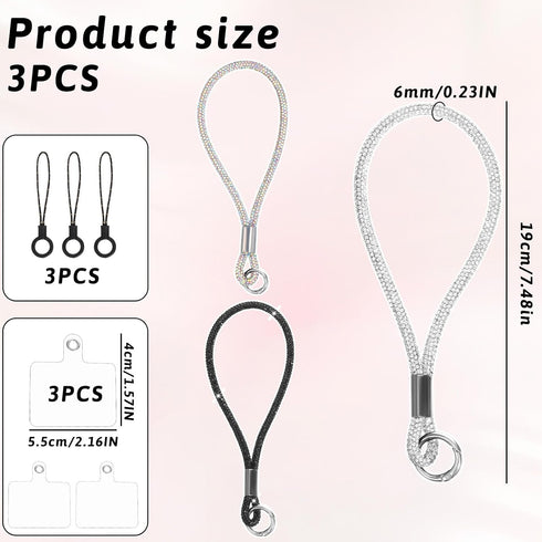 Alrhso 3 7.48 Pcs Bling Rhinestone Phone Wrist Strap Full Diamond Pendant Wrist Strap Bling Keychain Wristlet Lanyard