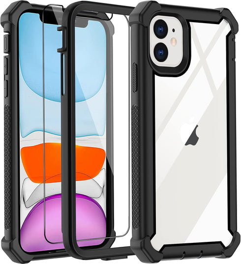 Heavy Duty Drop Protection Case for iPhone 11, with Screen Protector, Rugged Shockproof Tough Cover - Black-C