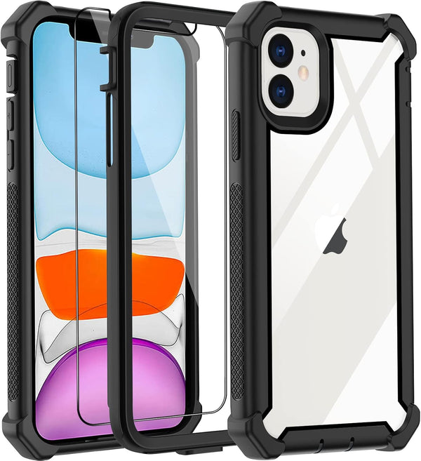 Heavy Duty Drop Protection Case for iPhone 11, with Screen Protector, Rugged Shockproof Tough Cover - Black-C