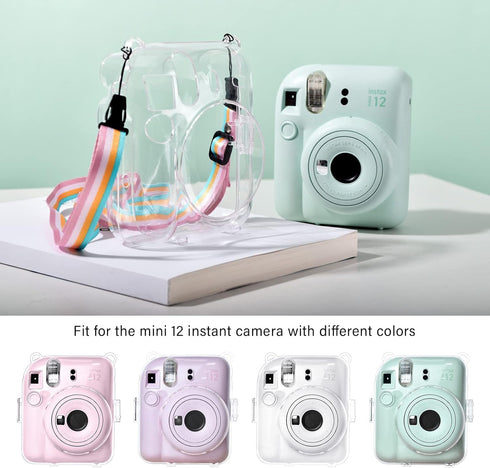 MUZIRI KINOKOO Clear Protective Case for Fuji Instax Mini 12, Hard PVC Carrying Case with Rainbow Shoulder Strap