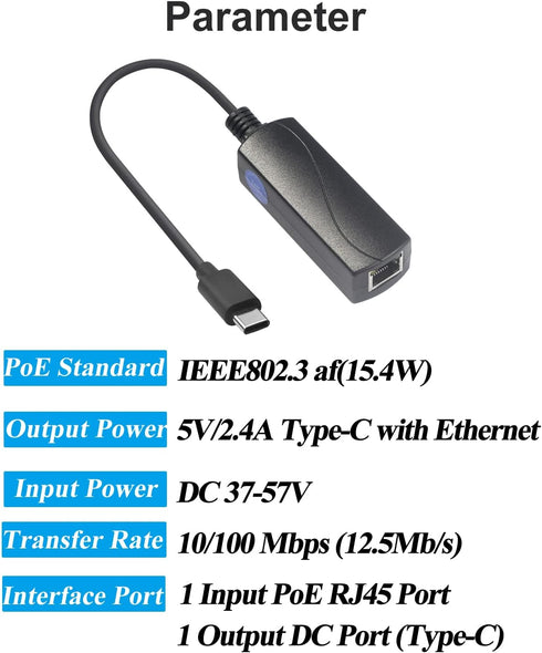 REVOTECH PoE to USB C Adapter Converter, Convert POE to Output 5V/2.4A Type-C with Ethernet, Plug and Play (P2C5V)