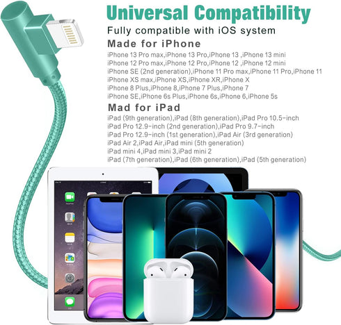Lightning Cable iPhone Charger 10ft 3 Pack 90 Degree Long Strong Nylon Braided MFi Certified Charging Cable Compatible