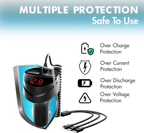 Retractable Car Charger 5 in 1 with Voltage Monitoring LED Display, 18W Car Phone Charger with Built-in Retractable