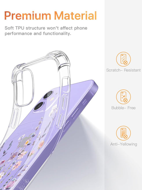 GVIEWIN iPhone 12/12 Pro Case, Clear TPU Shockproof Cover with Screen & Camera Lens Protectors, Floral Pattern 6.1"