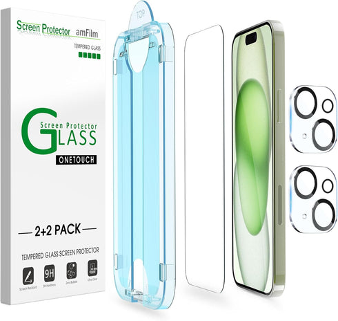 amFilm OneTouch 2+2 Pack for iPhone 15 Plus 6.7" Screen Protector, Tempered Glass with Camera Lens Protector