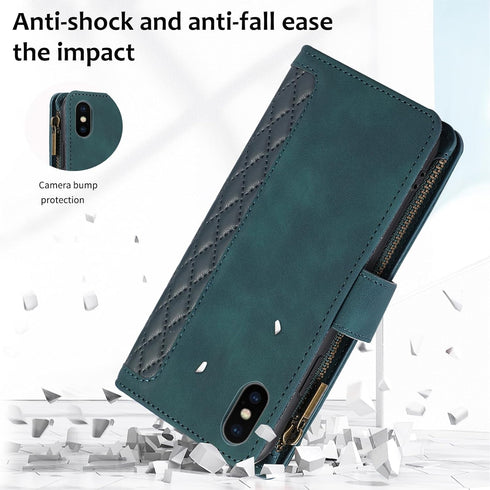 Asuwish iPhone Xs Max Wallet Case: Leather Flip Zipper, Card Holder, Tempered Glass Protector, Wrist Strap - Green.