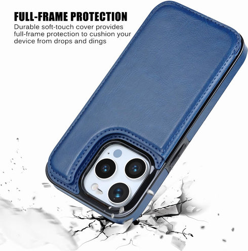 Compatible Wallet Case for iPhone 15 Pro 6.1” +1 Screen Protector, Slim PU Leather Kickstand Case, Deep Blue