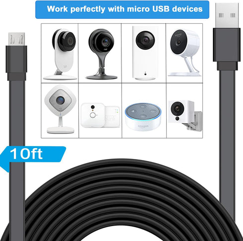 Power Extension Cable for Wyze Cam, WyzeCam Pan, Kasa Cam, Nest-Cam Indoor, 10Ft Flat Micro USB Charging Cord