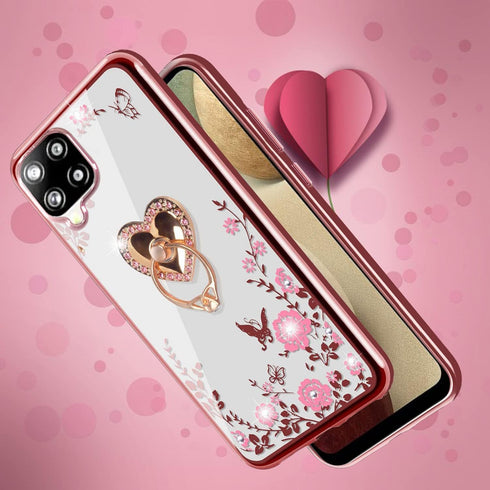 B-wishy Glitter Crystal Butterfly Heart Floral Case for Samsung Galaxy A12 5G, Slim Luxury Bling TPU with Ring Grip