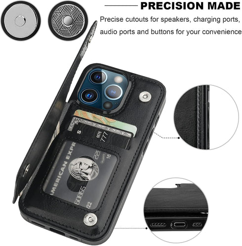 iPhone 13 Pro Wallet Case, Black PU Leather with Card Holder, Kickstand, Durable Shockproof Cover 6.1 Inch