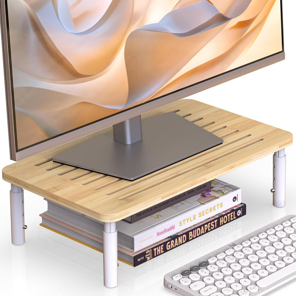 Bamboo Monitor Stand Riser, 4 Adjustable Height, Laptop Stand with Airflow Vents,