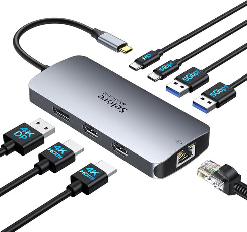 USB C Docking Station for Dual Monitor, Selore Triple 4K Display with 2 HDMI, DisplayPort, 100W PD Charging, USB 3.0