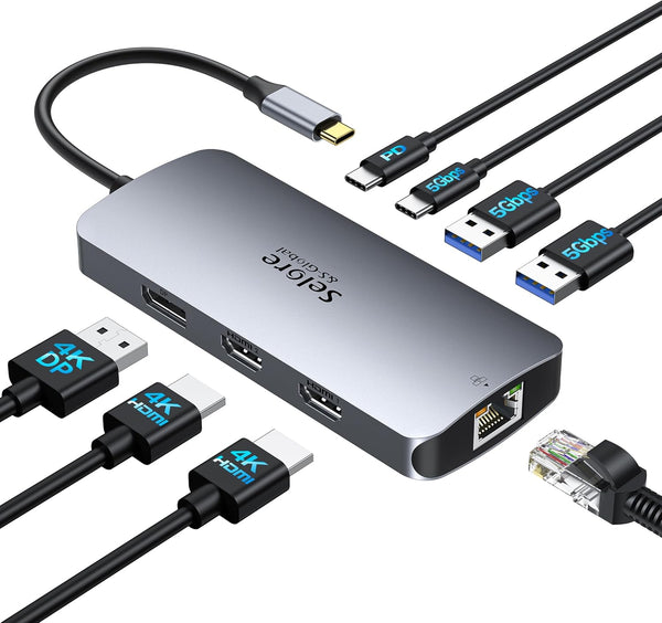 USB C Docking Station for Dual Monitor, Selore Triple 4K Display with 2 HDMI, DisplayPort, 100W PD Charging, USB 3.0