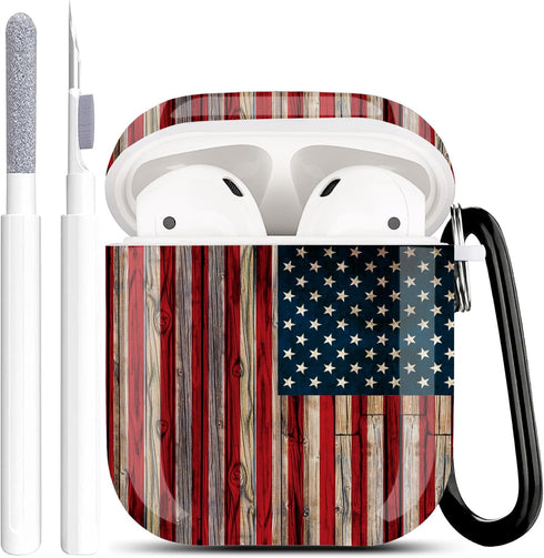 Portable Shockproof Protective Case Cover with Cleaner Kit for Apple AirPods 2/1 Charging Case, American Flag