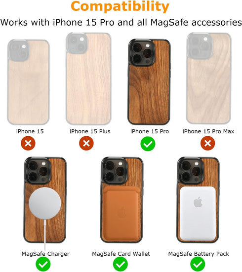 molzar Grip Series Magnetic Case for iPhone 15 Pro | Black/Walnut Wood | Built-in Magnet Ring | MagSafe Compatible