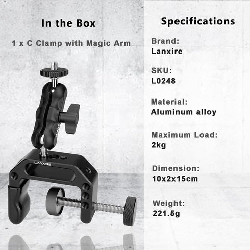 Camera Mount Clamp with Mini Magic Arm, 1/4" and 3/8" Threaded Holes for Camera, Action Camera, Flash, Light