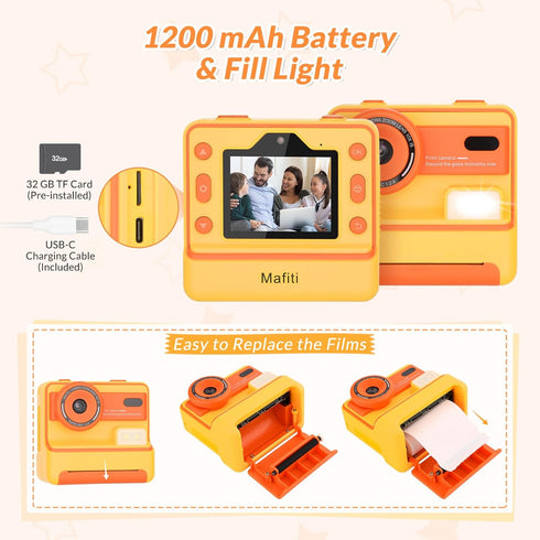 Mafiti Kids Camera Instant Print, 1080P Selfie Digital Camera with 2.4 Inch Display for Ages 3-12 (Orange)