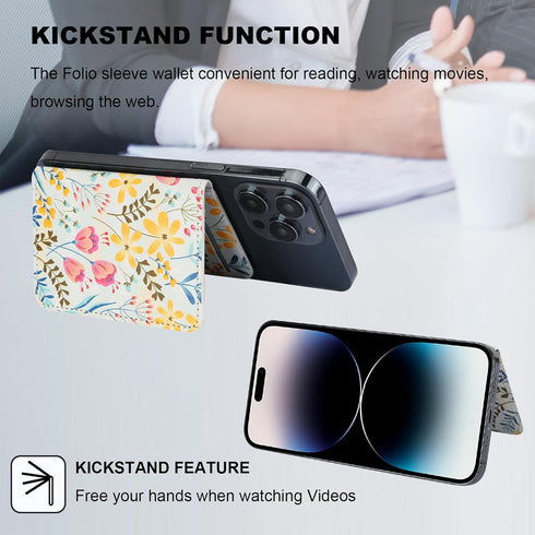 HAOPINSH MagSafe Wallet, Magnetic Card Holder with Floral Pattern, Detachable Adjustable Flip Leather Kickstand for