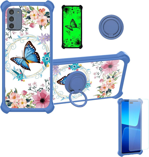 jioeuinly Nokia C300 Case with Tempered Glass Screen Protector, Hard PC + Soft Silicone, Ring Support, Luminous Effect,