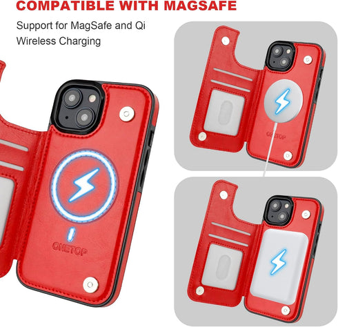 OT ONETOP 15 6.1 Inch ONETOP Compatible with Magsafe for iPhone Wallet Case with Card Holder, PU Leather Kickstand RFID