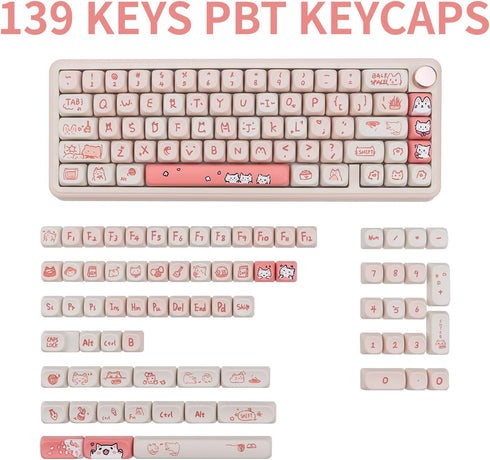 PBT Keycaps, 139 Cute MOA Dye-Sublimation Set for 61/64/68/84/87/100/104/108 Cherry MX Mechanical Keyboard (Pink Cat)