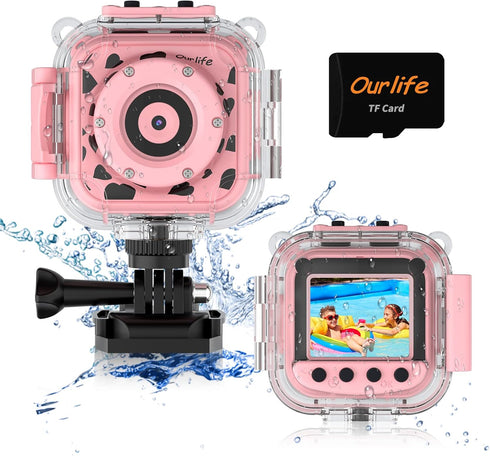 Ourlife Waterproof Kids Camera, 1080P HD Digital Action Camera with 8GB SD Card, Birthday Gift for Girls 3-14
