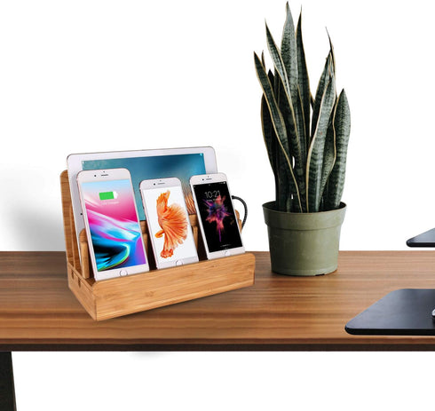 Bamboo Wood Multi-Device Desktop Charging Dock Station, Compatible with iPhone Xs MAX, iPad Mini, Samsung Tablets