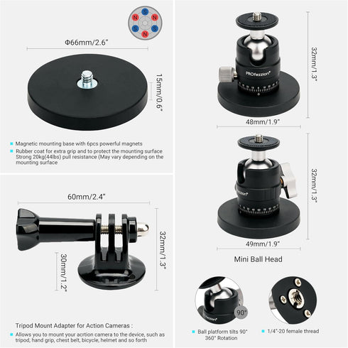 PROfezzion Magnetic Mount Base Stand Kit with Deluxe Ball Head for GoPro Hero, DJI Osmo, AKASO, Insta360 Action Cameras
