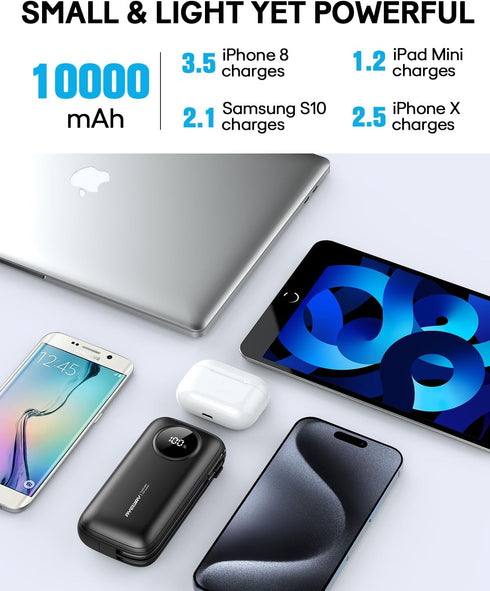 AYEWAY 10,000mAh Mini Portable Charger with Built-in Cable, USB C Fast Charging Power Bank with 4 Outputs, External