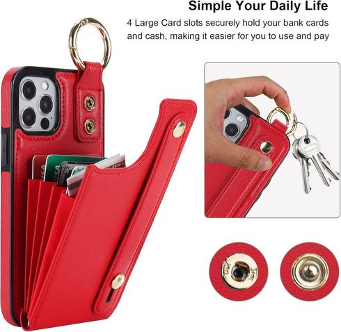 Folosu 12/12 6.1 Inch for iPhone Pro Wallet Case with Card Holder, Hand Wrist Strap Loop Holder Kickstand, RFID