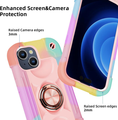 MARKILL iPhone 15 Plus Case (6.7") - Rugged Heavy Duty, Military Grade Drop Protection, Rotate Ring Stand, Rainbow Pink.