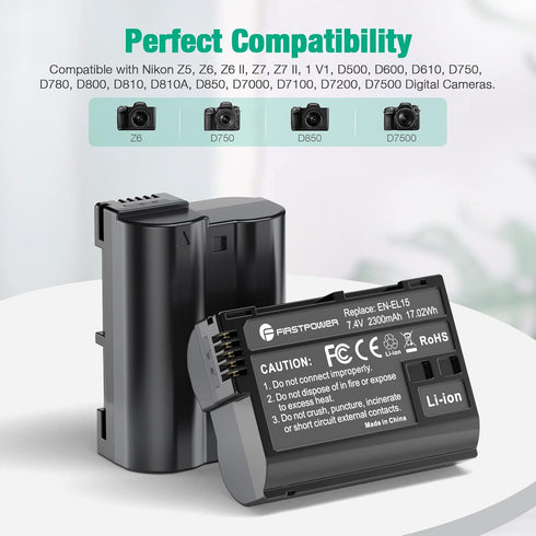 FirstPower EN-EL15 EN EL15a/EL15b Batteries for Nikon Z6 Z7 D750 D850 D7000 D7500 D7100 D7200 D500 D600 D610 D800 D800e