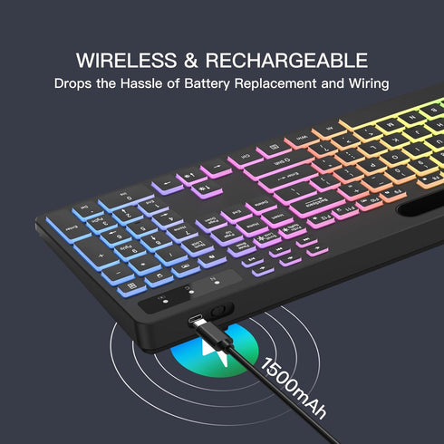 Wireless Keyboard with 7-Color RGB Backlit, Full-Size Computer Keyboard with Phone Tablet Holder, Rechargeable Gaming