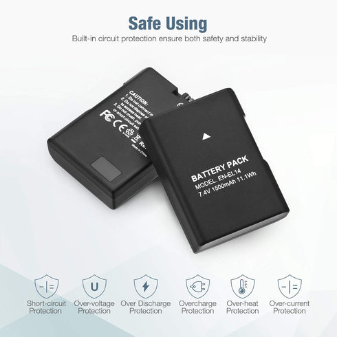 EN-EL14 EN EL14A Battery 2-Pack 1500mAh Li-ion for Nikon D3100, D3200, D3300, D3400, D3500, D5100, and More