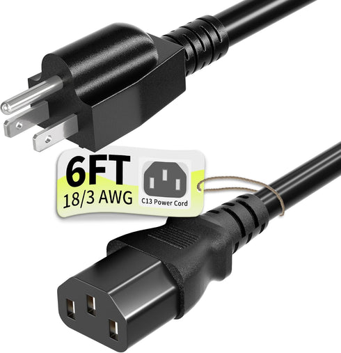 Vockjour 3 Prong AC Power Cord Cable 6ft 10 Amps 125 Volts 18AWG,
