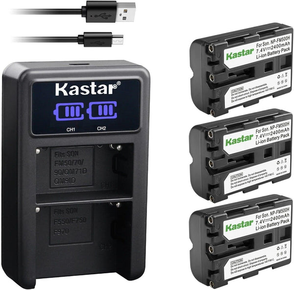 Kastar 3-Pack NP-FM500H Battery and LED2 USB Charger for Sony Alpha a57, SLT-A57, SLT-A58, a65 Cameras
