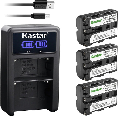 Kastar 3-Pack NP-FM500H Battery and LED2 USB Charger, Compatible with Sony DSLR Cameras
