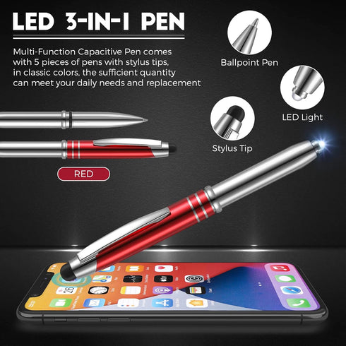 5 Pieces Stylus Pen for Touchscreen Devices, Multi-Function Capacitive Pen with LED Flashlight, 3 in 1 Metallic Pens