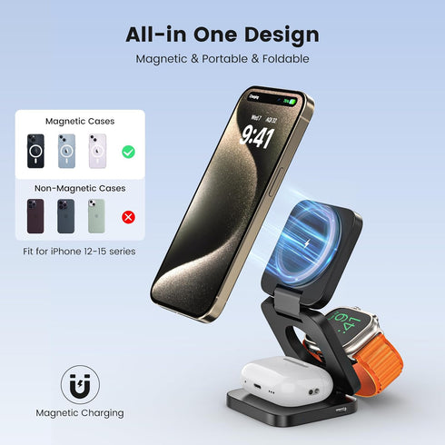 3 in 1 Charging Station for Apple, Foldable Mag-Safe Portable Charger Dock for iPhone 16 15 14 13 12, Apple Watch,