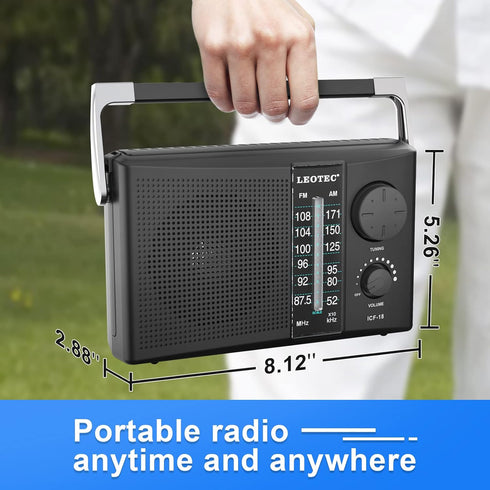 LEOTEC Portable AM FM Radio with Best Reception, Battery Operated or AC Power, Black