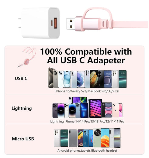 Multi Charging Cable Retractable, Pink 5in1 USB A/C to USB C/Lightning/Micro USB Fast Charging Cord